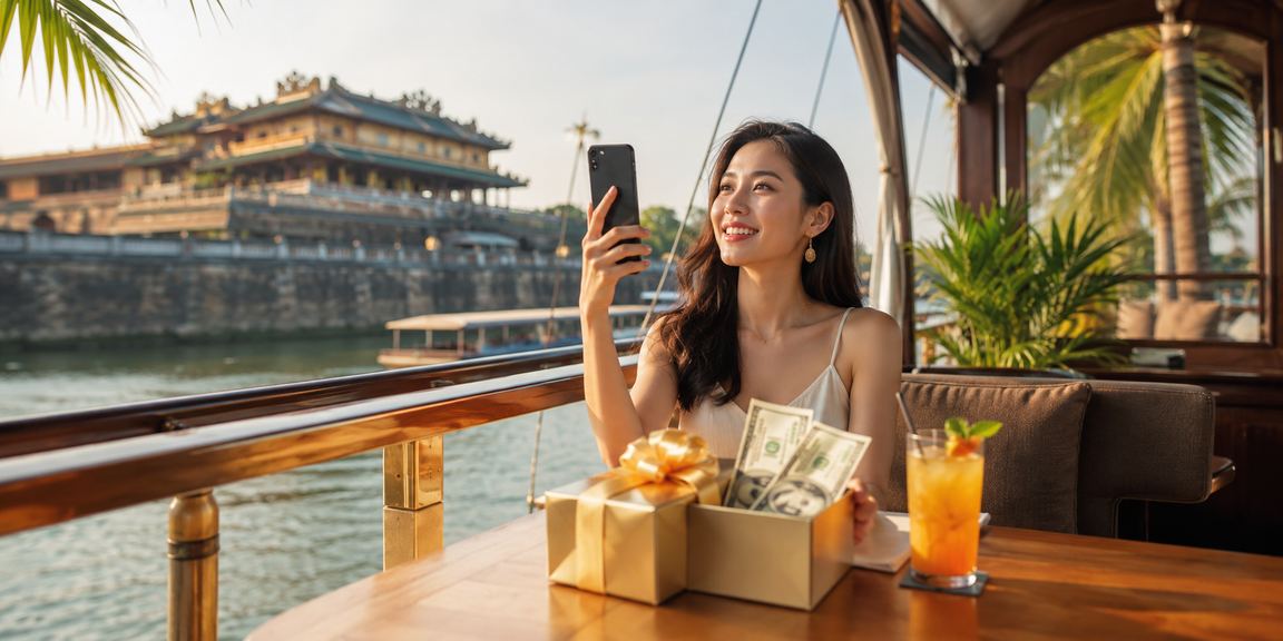 Người chơi Huế truy cập viwt69 trên điện thoại bên ly cà phê